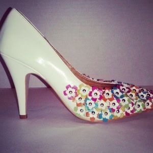 Jeffrey Campbell rainbow floral white leather jardin heel 8 white multi